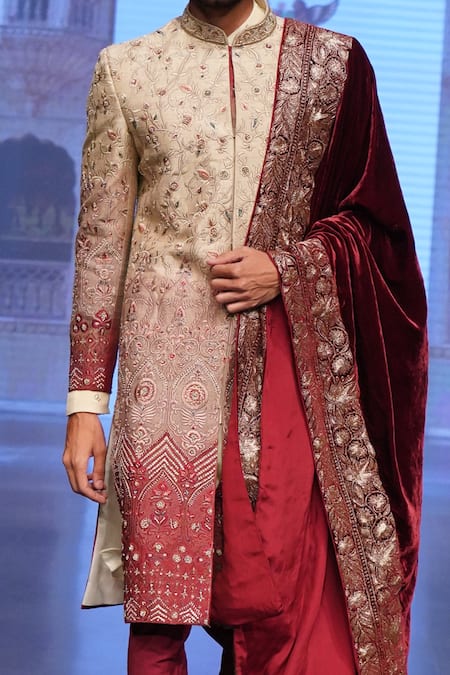 Buy_Soniya G_Wine Raw Silk, Velvet Floral Embroidered Sherwani Set _Online_at_Aza_Fashions