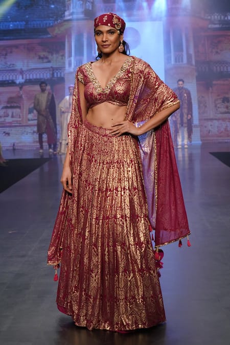 Shop_Soniya G_Maroon Pure Silk Blend Foil Print, Beads Embroidery V Neck Lehenga Set _at_Aza_Fashions
