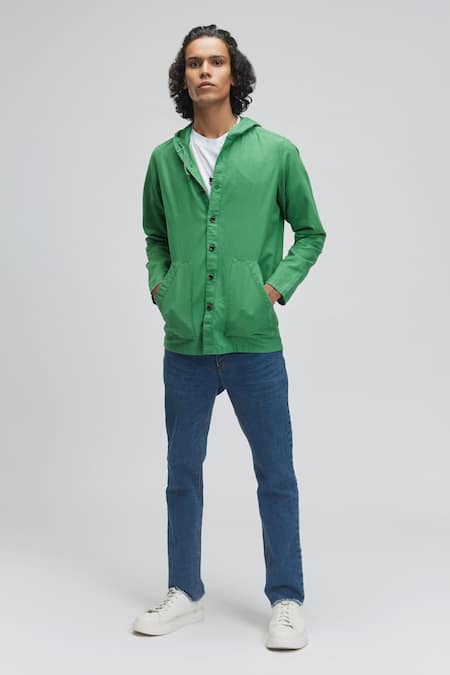 Terra Luna - Green 100% Organic Handloom Oxford Cotton Phobos Button Down  Hoodie For Men