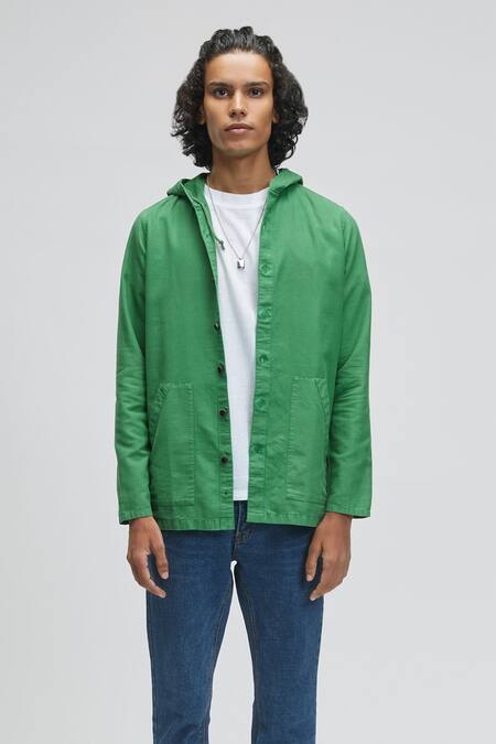 Terra Luna - Green 100% Organic Handloom Oxford Cotton Phobos Button Down  Hoodie For Men