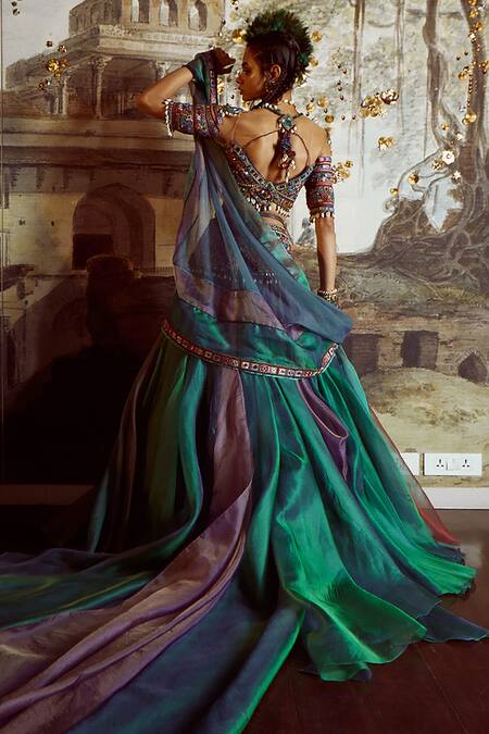 Shop_Tarun Tahiliani_Blue Blouse -georgette, Lehenga-silk , Scarf- Silk Draped Set_at_Aza_Fashions