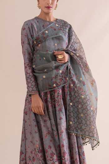 Ekaya Banaras_Grey Silk Round Handwoven Anarkali With Dupatta_Online_at_Aza_Fashions