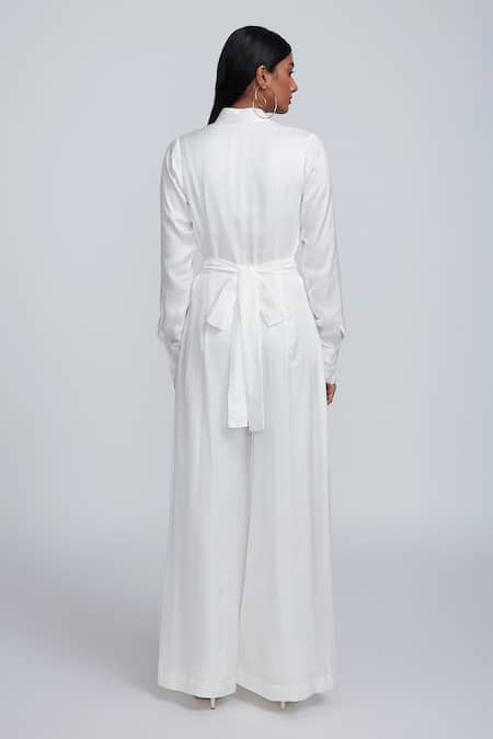Shop_World Of RA_White 100% Assam Satin, 100% Viscose Floral Motifs Collared Neck Print Jumpsuit _at_Aza_Fashions