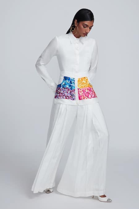 World Of RA_White 100% Assam Satin, 100% Viscose Floral Motifs Collared Neck Print Jumpsuit _Online_at_Aza_Fashions