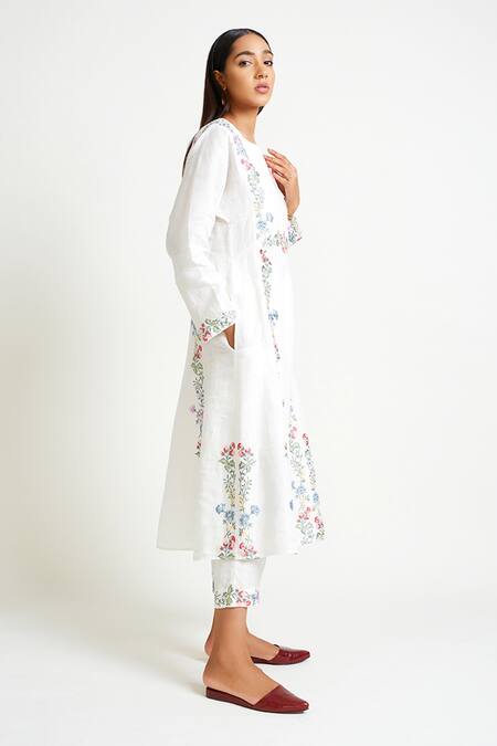 Payal Pratap_White Linen Embroidery Round Kurta And Pant Set  _Online_at_Aza_Fashions