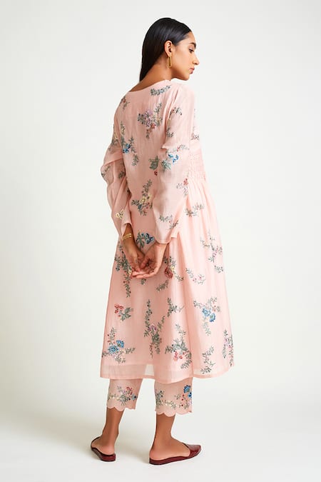 Shop Payal Pratap Peach Kurta Chanderi Pant Linen Embroidery Round And Set at Aza Fashions Shop_Payal Pratap_Peach Kurta Chanderi Pant Linen Embroidery Round And Set _at_Aza_Fashions