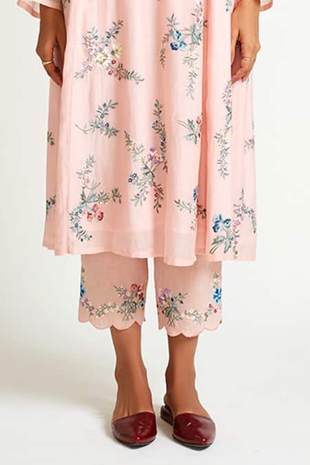 Buy Payal Pratap Peach Kurta Chanderi Pant Linen Embroidery Round And Set Online at Aza Fashions Buy_Payal Pratap_Peach Kurta Chanderi Pant Linen Embroidery Round And Set _Online_at_Aza_Fashions