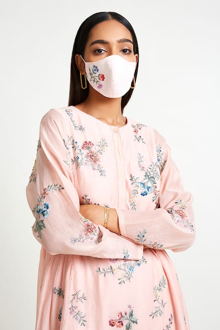 Shop Payal Pratap Peach Kurta Chanderi Pant Linen Embroidery Round And Set Online at Aza Fashions Shop_Payal Pratap_Peach Kurta Chanderi Pant Linen Embroidery Round And Set _Online_at_Aza_Fashions