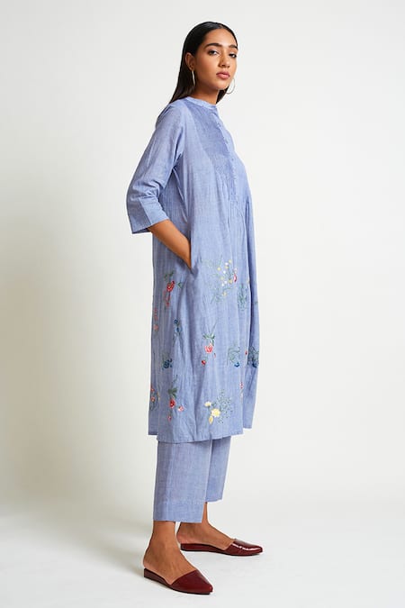 Payal Pratap_Blue Cotton Handloom Band Collar Embroidered Kurta And Pant Set _Online_at_Aza_Fashions