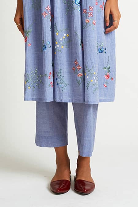 Buy_Payal Pratap_Blue Cotton Handloom Band Collar Embroidered Kurta And Pant Set _Online_at_Aza_Fashions