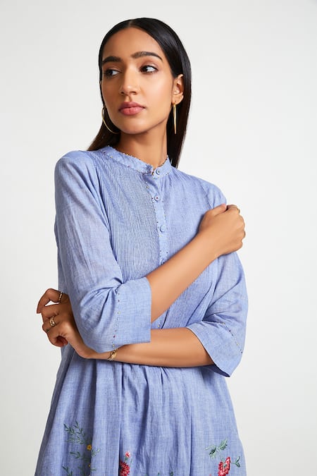 Shop_Payal Pratap_Blue Cotton Handloom Band Collar Embroidered Kurta And Pant Set _Online_at_Aza_Fashions