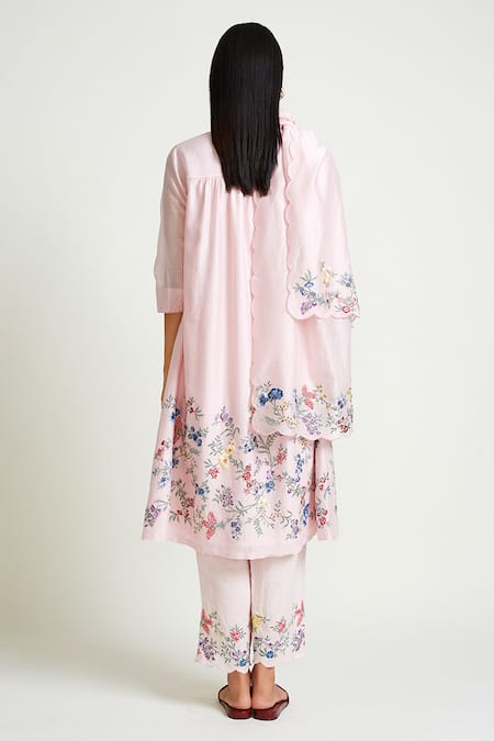 Shop Payal Pratap Pink Kurta Chanderi Pant Linen Embroidery Round And Set at Aza Fashions Shop_Payal Pratap_Pink Kurta Chanderi Pant Linen Embroidery Round And Set _at_Aza_Fashions