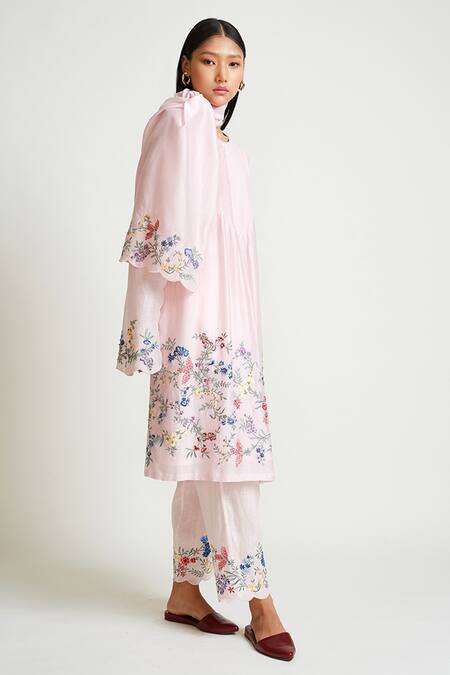 Payal Pratap Pink Kurta Chanderi Pant Linen Embroidery Round And Set Online at Aza Fashions Payal Pratap_Pink Kurta Chanderi Pant Linen Embroidery Round And Set _Online_at_Aza_Fashions