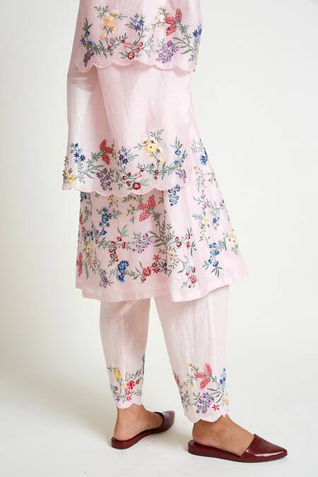 Buy Payal Pratap Pink Kurta Chanderi Pant Linen Embroidery Round And Set Online at Aza Fashions Buy_Payal Pratap_Pink Kurta Chanderi Pant Linen Embroidery Round And Set _Online_at_Aza_Fashions