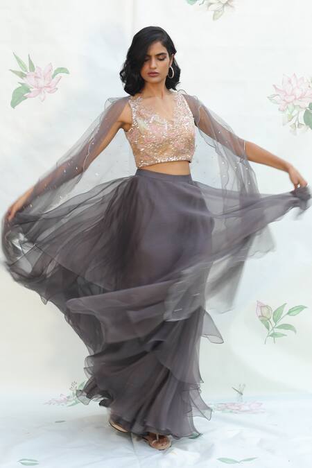 Shop_Taavare_Grey Organza, Tulle Blouse Scoop Neck, Cape Open Embroidered Lehenga Set_at_Aza_Fashions