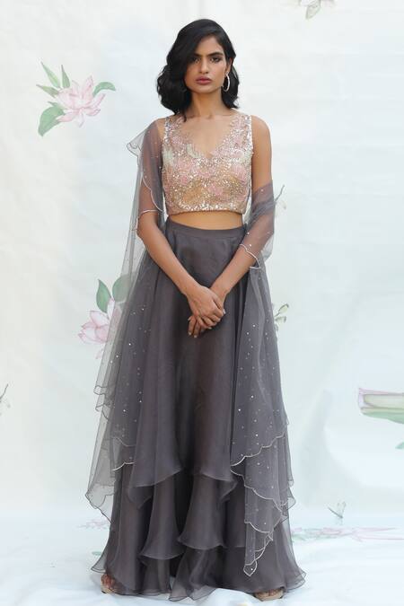 Buy_Taavare_Grey Organza, Tulle Blouse Scoop Neck, Cape Open Embroidered Lehenga Set_Online_at_Aza_Fashions
