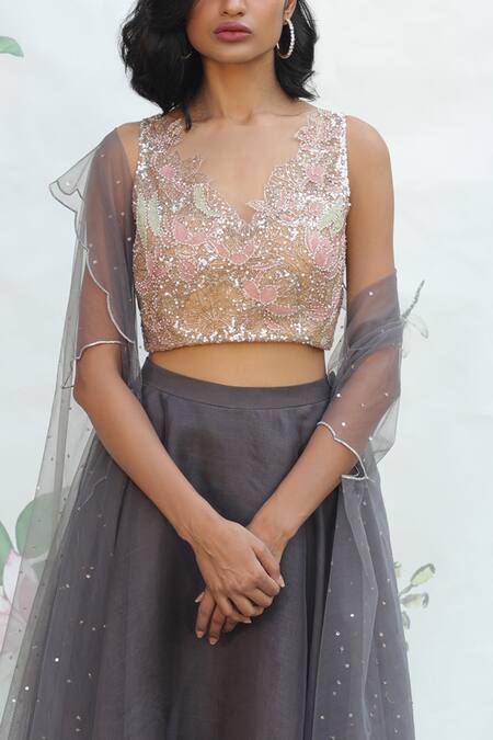Taavare Grey Organza, Tulle Blouse Scoop Neck, Cape Open Embroidered Lehenga Set at Aza Fashions Taavare_Grey Organza, Tulle Blouse Scoop Neck, Cape Open Embroidered Lehenga Set_at_Aza_Fashions