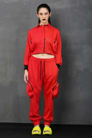 I Am Trouble By KC_Red Moss Twill Solid Shirt Collar Round Pocket Pant Set_Online_at_Aza_Fashions