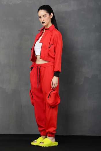 Buy_I Am Trouble By KC_Red Moss Twill Solid Shirt Collar Round Pocket Pant Set_Online_at_Aza_Fashions