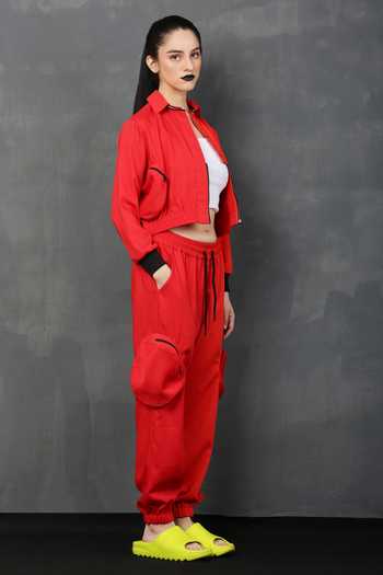 Shop_I Am Trouble By KC_Red Moss Twill Solid Shirt Collar Round Pocket Pant Set_Online_at_Aza_Fashions