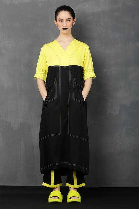 I Am Trouble By KC_Yellow Rayon Twill V Neck Colorblock Tunic And Pant Set_Online_at_Aza_Fashions