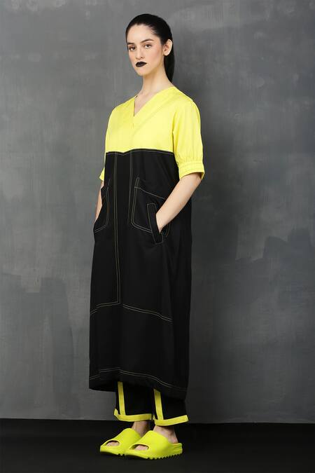 Buy_I Am Trouble By KC_Yellow Rayon Twill V Neck Colorblock Tunic And Pant Set_Online_at_Aza_Fashions
