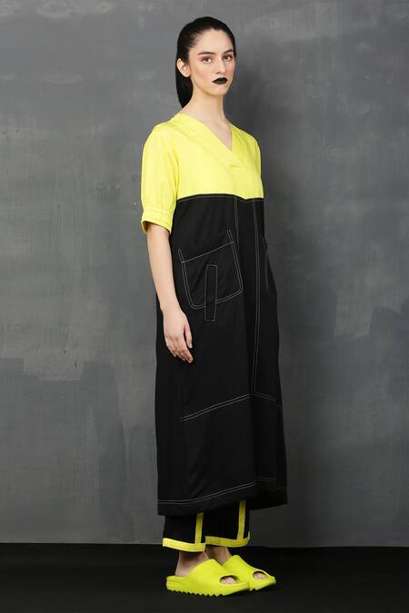 Shop_I Am Trouble By KC_Yellow Rayon Twill V Neck Colorblock Tunic And Pant Set_Online_at_Aza_Fashions