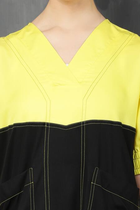 I Am Trouble By KC_Yellow Rayon Twill V Neck Colorblock Tunic And Pant Set_at_Aza_Fashions