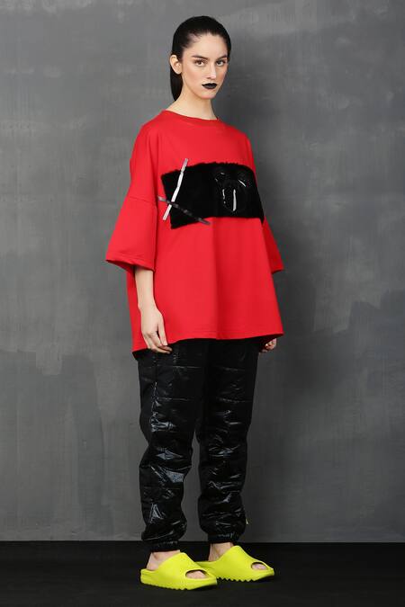 Shop_I Am Trouble By KC_Red Cotton Spandex Applique Mickey Round Fur T-shirt_Online_at_Aza_Fashions