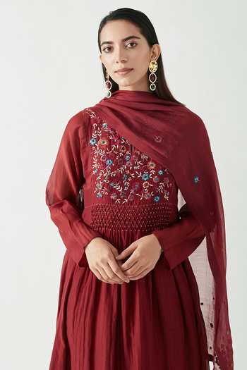 Shop_Payal Pratap_Maroon Embroidery Round Frisco Kurta And Palazzo Pant Set  _Online_at_Aza_Fashions