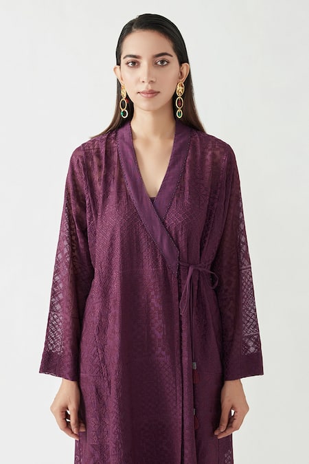 Shop_Payal Pratap_Purple Cotton Silk Embroidery V Neck Doris Kurta And Dhoti Pant Set  _Online_at_Aza_Fashions