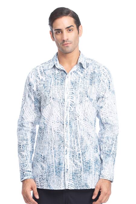 Rohit Gandhi + Rahul Khanna_White Cotton Tropical Pattern Print Shirt _Online_at_Aza_Fashions