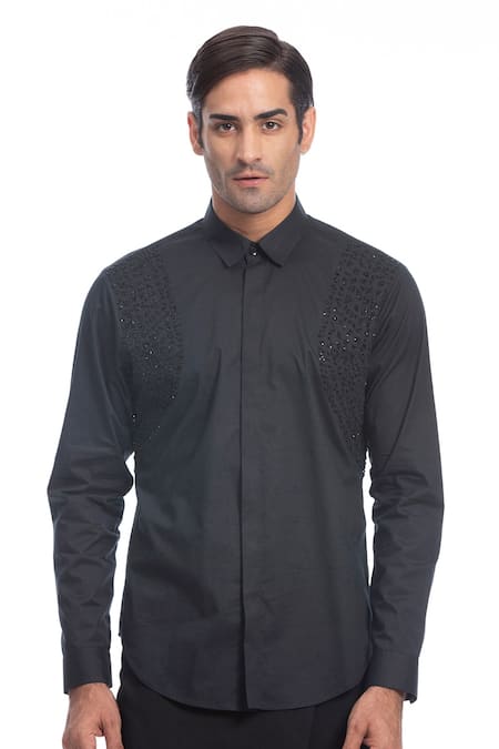 Rohit Gandhi + Rahul Khanna_Black Cotton Beads Hand Embroidered Shirt _Online_at_Aza_Fashions