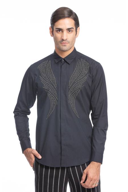 Rohit Gandhi + Rahul Khanna_Black Cotton Embroidery Applique Shirt _Online_at_Aza_Fashions