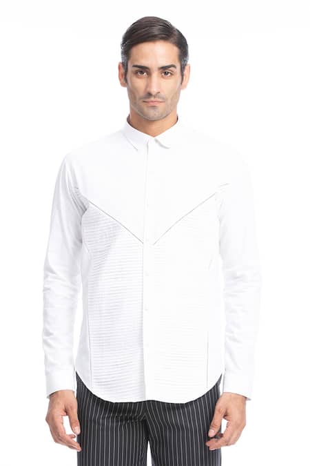 Rohit Gandhi + Rahul Khanna White Cotton Embroidery Pintucked Shirt Online at Aza Fashions Rohit Gandhi + Rahul Khanna_White Cotton Embroidery Pintucked Shirt _Online_at_Aza_Fashions