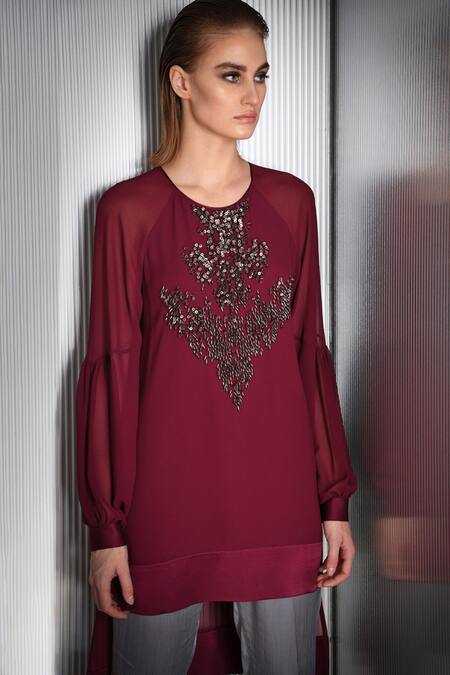 Rohit Gandhi + Rahul Khanna Maroon Polyester Embellishment Bugle Beads Round Embroidered Top Online at Aza Fashions Rohit Gandhi + Rahul Khanna_Maroon Polyester Embellishment Bugle Beads Round Embroidered Top _Online_at_Aza_Fashions