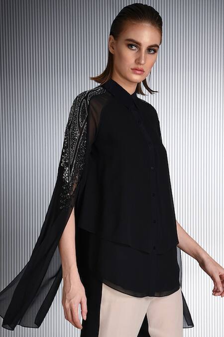 Rohit Gandhi + Rahul Khanna Black Polyester Sequins Collared Cape Sleeve Top Online at Aza Fashions Rohit Gandhi + Rahul Khanna_Black Polyester Sequins Collared Cape Sleeve Top _Online_at_Aza_Fashions