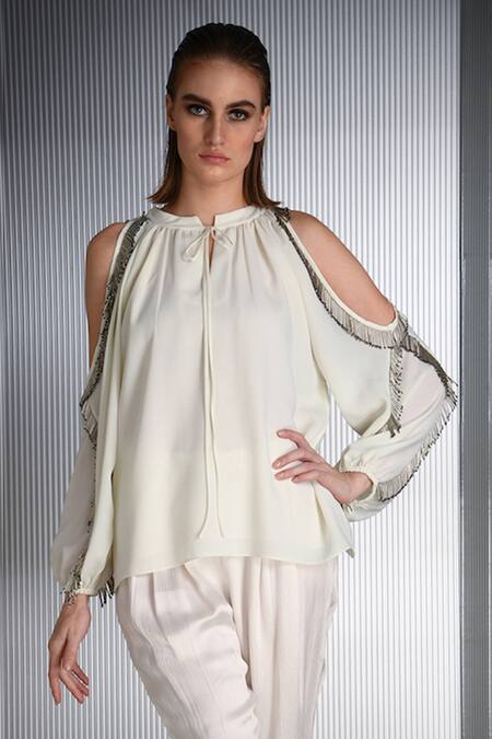 Rohit Gandhi + Rahul Khanna_White Polyester Tassels Bandeau Neck Cold Shoulder Top _Online_at_Aza_Fashions