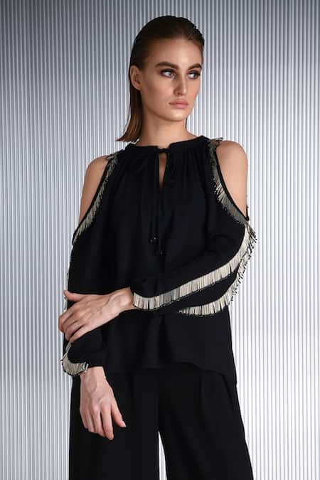 Rohit Gandhi + Rahul Khanna_Black Polyester, Crepe Tassels Bandeau Neck Cold Shoulder Detail Top _Online_at_Aza_Fashions
