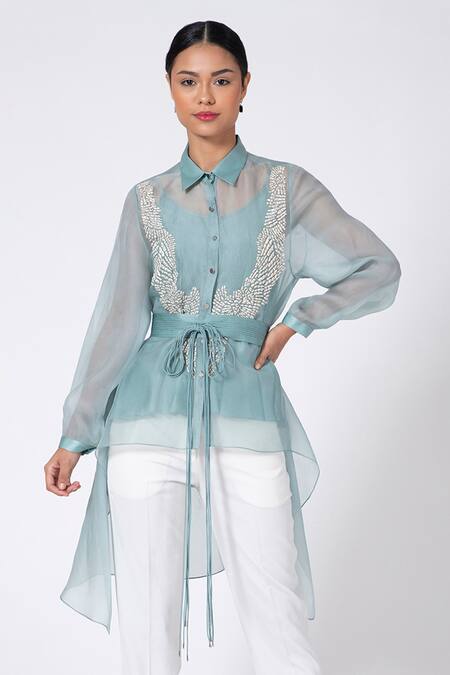 Rohit Gandhi + Rahul Khanna_Blue Organza Metallic Thread Collared Applique Embroidered Asymmetric Shirt _Online_at_Aza_Fashions