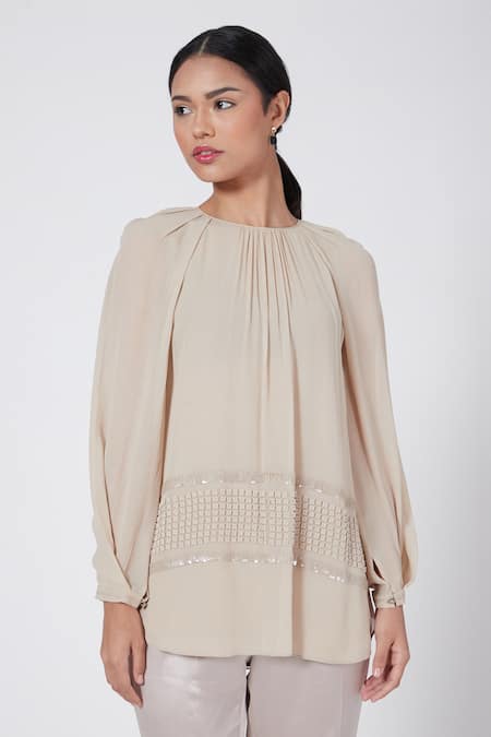 Rohit Gandhi + Rahul Khanna_Beige Georgette Sequins Round Neck Embellished Swing Top _Online_at_Aza_Fashions