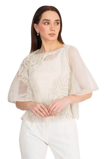 Rohit Gandhi + Rahul Khanna_Off White Microfiber Beads Round Neck Mesh Embroidered Top _Online_at_Aza_Fashions