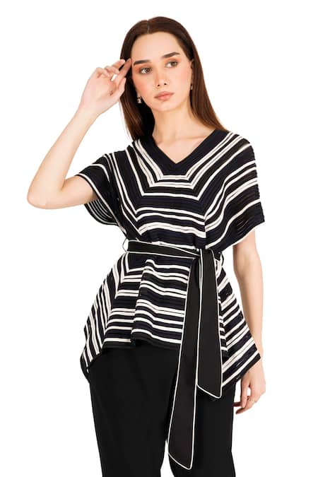 Rohit Gandhi + Rahul Khanna_Black Tulle Plain V Neck Classy Top With Belt _Online_at_Aza_Fashions