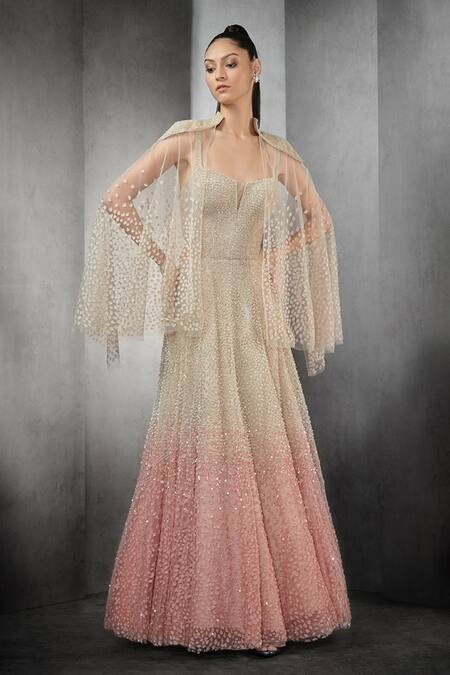 Rohit Gandhi + Rahul Khanna_Pink Tulle, Linen Sequins Astral Ombre Embellished Gown With Sheer Cape _Online_at_Aza_Fashions