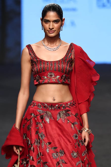 Sejal Kamdar_Maroon Gajji Silk Embellished And Printed Ajrakh Deep Leaf Vine Lehenga Set _Online_at_Aza_Fashions