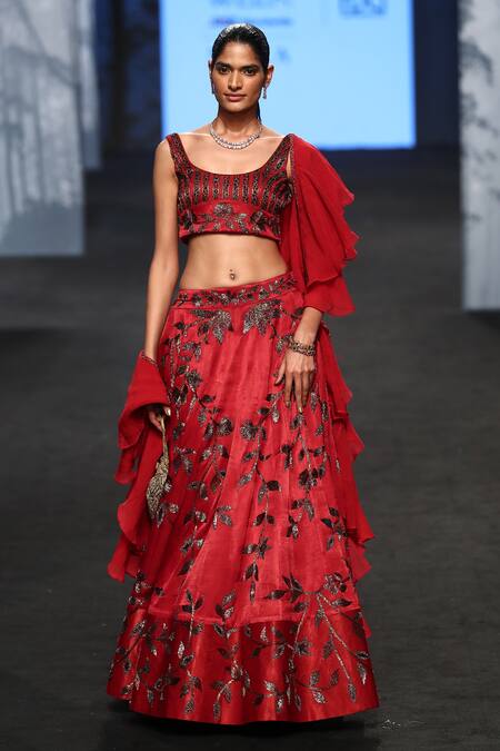 Shop_Sejal Kamdar_Maroon Gajji Silk Embellished And Printed Ajrakh Deep Leaf Vine Lehenga Set _Online_at_Aza_Fashions