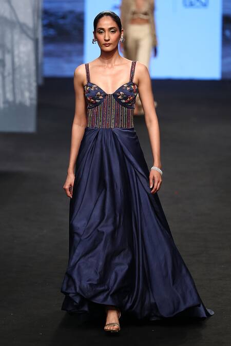 Sejal Kamdar_Blue Gajji Silk Embellished And Printed Ajrakh Sweetheart Yoke Draped Gown _Online_at_Aza_Fashions