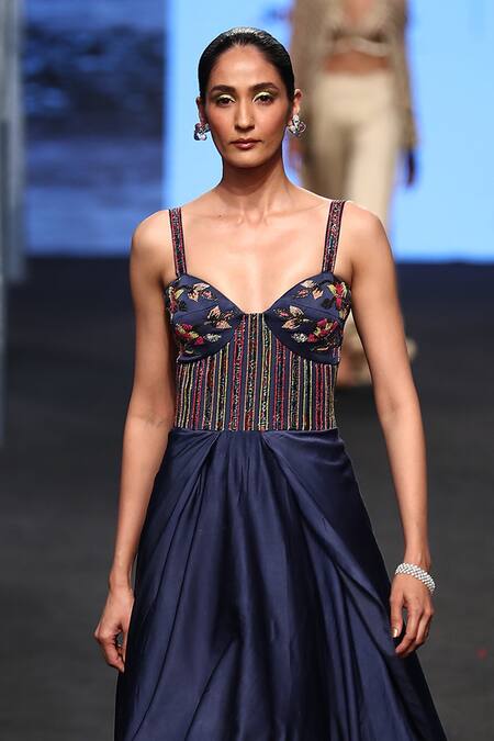 Buy Sejal Kamdar Blue Gajji Silk Embellished And Printed Ajrakh Sweetheart Yoke Draped Gown Buy_Sejal Kamdar_Blue Gajji Silk Embellished And Printed Ajrakh Sweetheart Yoke Draped Gown