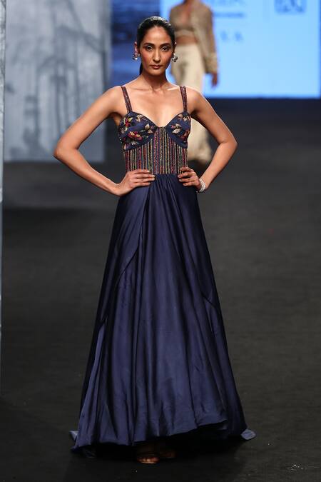 Buy_Sejal Kamdar_Blue Gajji Silk Embellished And Printed Ajrakh Sweetheart Yoke Draped Gown _Online_at_Aza_Fashions