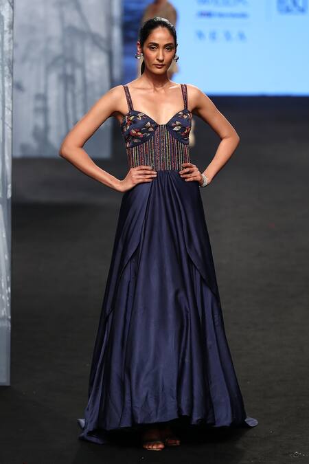 Shop_Sejal Kamdar_Blue Gajji Silk Embellished And Printed Ajrakh Sweetheart Yoke Draped Gown _Online_at_Aza_Fashions